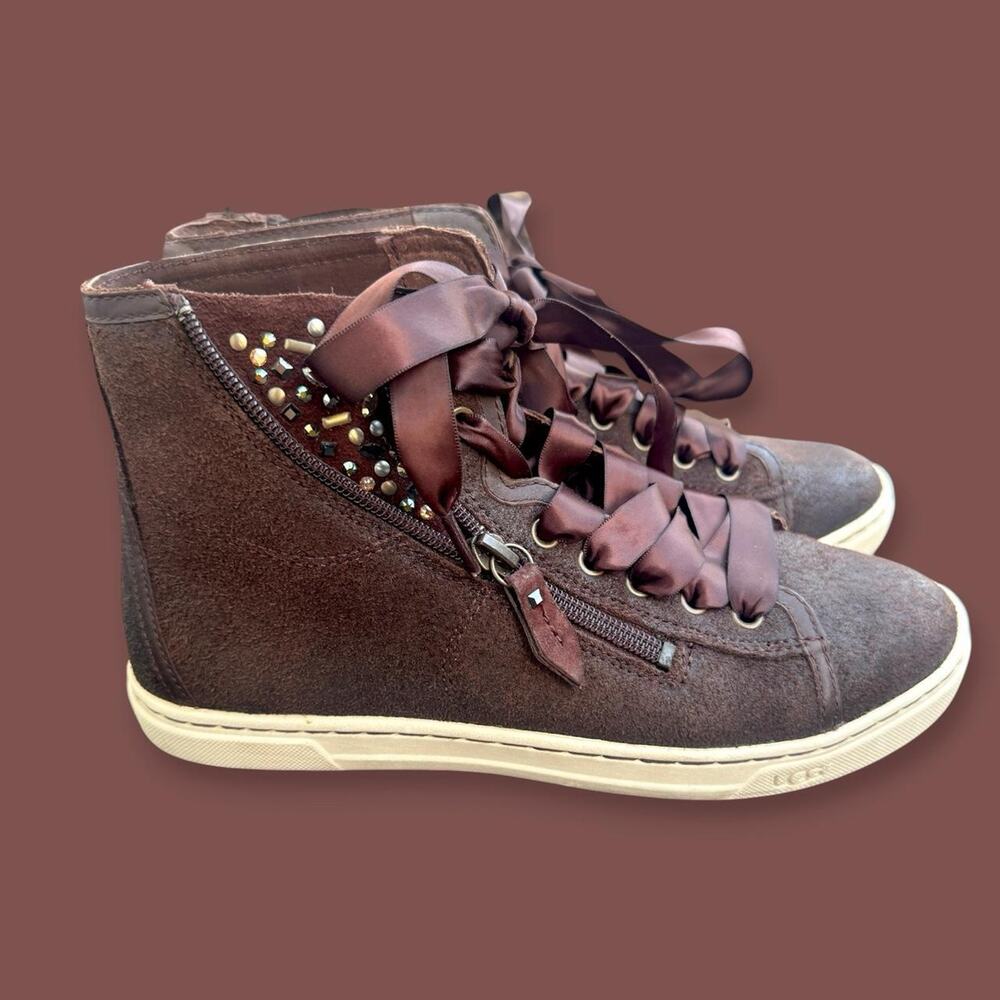 Ugg Blaney Brown Crystal High Top Sneakers Size 6.5W Australian Ribbon Laces